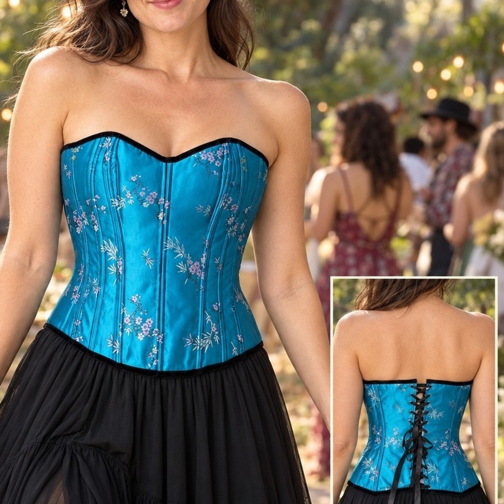 Vintage Corset Bustier 34 Teal Floral Velvet Trim Whimsigoth Fairycore Romantic
